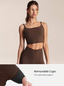 GLOWMODE FeatherFit™ Better Together Twisted Backless Removable Cups Adjustable Straps Square Neckline Tank & 4.3" Buttery-Soft Sweat-Wicking Crossover Waist Biker Shorts Low Impact Yoga Cycling Running Gym Daily Active Wear - Brown - View 3