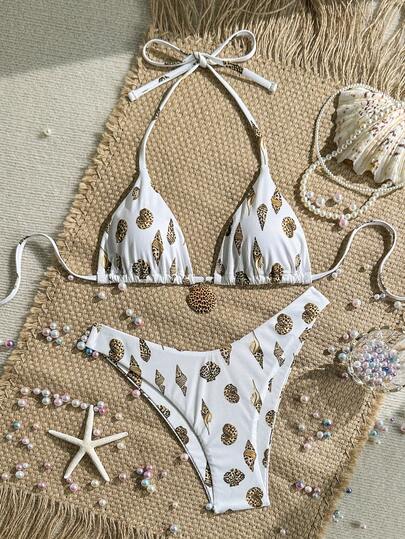 Swim Vcay 2-Piece Leopard Print & Shell Decor Halter Bikini Set, Textured Fabric, Sexy Triangle Top And High Cut Bottoms, Beach Holiday Swimwear
