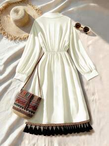 GlowEve Women's Single-Breasted Pleated Fringe Design Fashionable Chic Dress - Apricot - View 2