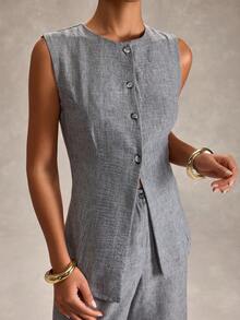 RueChic Women Two Pieces Button Detailed Vest And Wide Leg Pant Sets - Grey - View 8