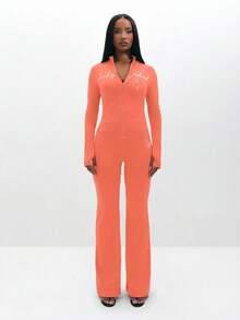 BABYPHAT 女士长袖拉链珊瑚色上衣，饰有文字印花，修身剪裁 - 珊瑚粉 - 查看 3