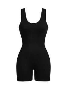 Velisys Set de 2 piezas de shorts tipo mono sin costuras y transpirables, diseño acanalado, estilo básico, color negro, para deportes, fitness, yoga - Negro - Ver 3