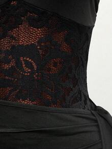 Mistrie Lace Patchwork Ruffle Waist Bodycon Mini Dress, Sexy Sleeveless Off Shoulder Hollow Out Fitted Flare Hem Dress - Black - View 5