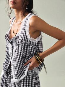 SoleilVie 夏季新款法式复古黑白格子无袖蕾丝边开衫+短裤两件套，精致甜美少女镂空花卉蕾丝套装 - 黑與白 - 查看 1