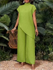 SHEIN Lady Thời trang cỡ lớn mùa xuân, hè, thu đông, áo sơ mi dệt màu xanh lá cây cổ đứng tay raglan bất đối xứng tay dài tay ngắn, bộ đồ cỡ lớn, trang phục đi nghỉ hè, bộ đồ mùa xuân cho nữ, bộ đồ thường ngày cho nữ, trang phục đi nghỉ mát, đi chơi, bộ sưu tập quần áo thời trang. - Màu xanh Ô liu - Xem 7