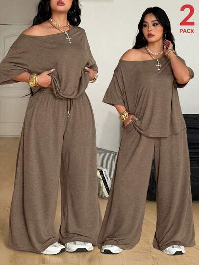 Coolane ملابس نسائية مقاس كبير، ربيع/صيف، ملابس شارع بسيطة، ملابس أساسية للارتداء اليومي والخروج والرياضة، قميص كتف مكشوف مريح وبنطلون رياضي واسع الساق، طقم قطعتين