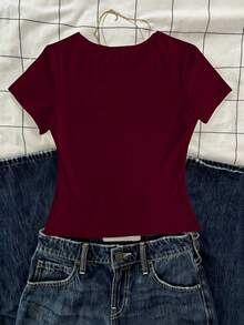 Glimmora Áo thun ngắn tay cổ tròn in chữ, kiểu dáng thường ngày, đa năng, thích hợp cho mùa hè. - Màu Đỏ Sâu - Xem 2