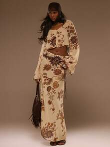 MUSERA Floral Print Chiffon Low Rise Loose Fit Maxi Skirt Spring Summer Vacation Beach Elegant Ibiza Festival Holiday Tajine - Multicolor - View 2