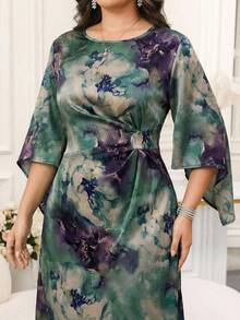 Reflora 大码女式印花圆领喇叭袖优雅连衣裙 - 綠色 - 查看 11