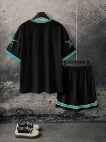 LOONEY TUNES X SHEIN 男童卡通印花撞色滚边圆领短袖T恤和条纹数字印花短裤套装 - 白色 - 查看 2