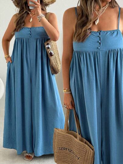 Ceyna Mono informal de pierna ancha de unicolor talla grande para mujer, suelto y cómodo para vacaciones