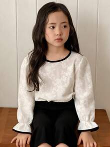 DAZY Young Girls Textured Floral Casual Colorblock Round Neck Long Sleeve Shirt, Spring/Autumn - White - View 1