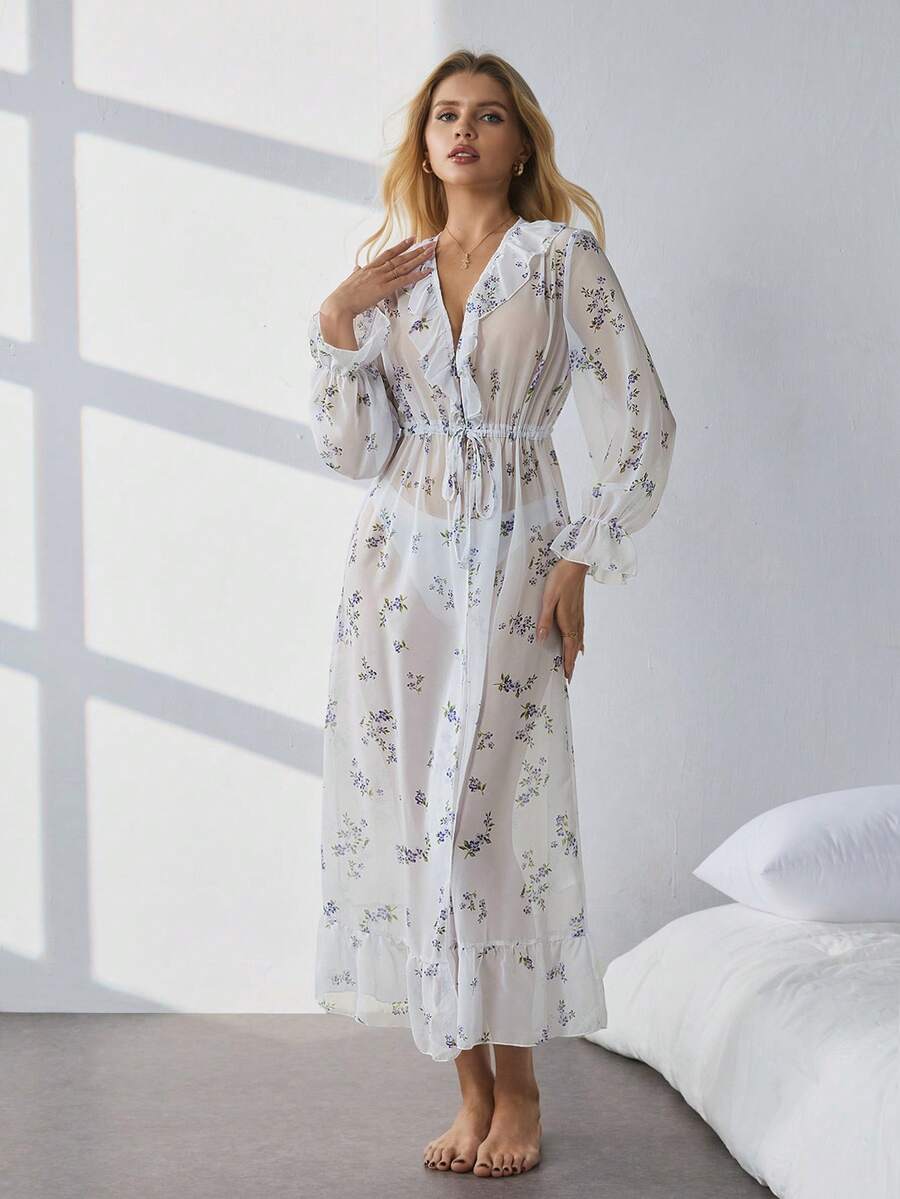 SHEIN 女士碎花荷叶边下摆休闲家居服睡袍 - 白色 - 查看 1