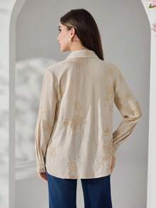 Veilorie Damen Bluse mit bestickter Knopfleiste und Langarm, elegant für Frühling und Sommer - Khaki - Übersicht 3