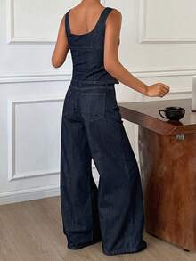 DAZY Bộ đồ thường ngày dành cho nữ: Áo hai dây cổ chữ V sâu và quần jeans ống rộng. - Rửa tối - Xem 5