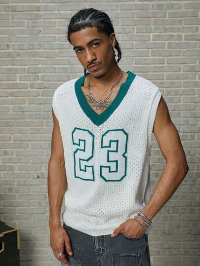 GALLERY FADE Men's Contrast Color V-Neck Numeric Pattern Knit Vest Boston Jersey Jerseys For Men Y2k Jackie Robinson Jersey Sweater Vest Basketball Jersey