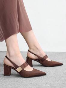 CUCCOO BIZCHIC Chaussures à talon épais à bout pointu, mode et confortables pour les déplacements et les vacances, avec boucle carrée simple en tissu sardine marron café - Marron - Voir 4
