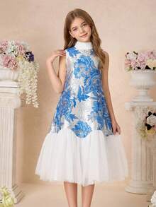 Pitira Kids Tween Girl Blue Woven Textured Floral Jacquard Elegant Layered Mesh Hem Sleeveless A-Line Dress, Blue Kids Formal Dress Blue Flower Girl Dresses Tween Girl Party Dress Blue And White Girls Dress Tween Blue And White Dress Blue Flower Girls Dress,Kids - Blue and White - View 4