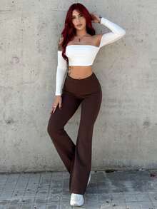 Bearsaez 秋冬年轻女性简约通勤家居杏色高腰修身喇叭腿针织裤 - 咖啡棕 - 查看 4