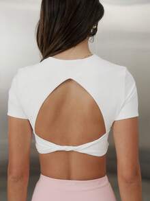 Aralina 休闲运动女士扭结前襟短袖露背露脐T恤健身运动上衣 - 白色 - 查看 2