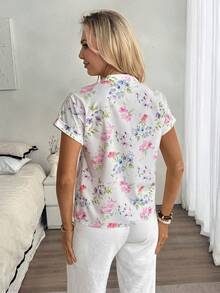 Louniche Standard Size Women V-Neck Vacation Floral Print Shirt - White - View 2