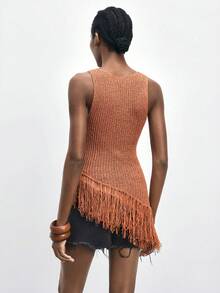 Maija Women Orange Sleeveless Fringed Hem Knit Top - Coral Orange - View 9