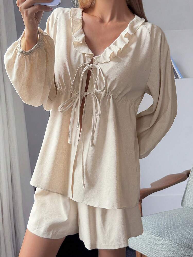 Women's Solid Color Loose Pleated Tie V-Neck Ruffle Lantern Sleeve Shirt & Elastic Waist Shorts Casual Summer 2-Piece Set