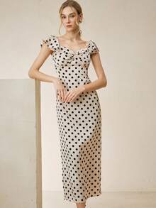 Đầm mùa hè Anewsta dành cho nữ, kiểu dáng trễ vai, xếp ly, viền bèo nhún, chấm bi đen, thiết kế retro ngọt ngào, thanh lịch. - Màu be - Xem 5