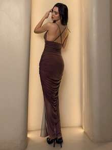 Glamine Vestido maxi de longitud semitransparente, diseño de tirantes de espagueti ajustables de color marrón con acento de cuentas, espalda descubierta, estilo romántico de vacaciones para primavera/verano - Café integral - Ver 2