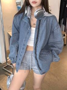 DAZY Áo khoác denim nữ kiểu Hàn Quốc phối màu có mũ trùm đầu, chất liệu denim mài. - Màu xanh lam - Xem 7