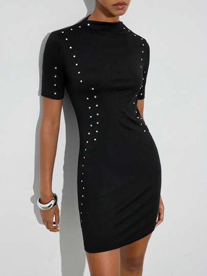 Maija Women's Short Bodycon Dress, Short Sleeve, Waist Cinched, Modern Urban Summer, Mock Neck Graduation