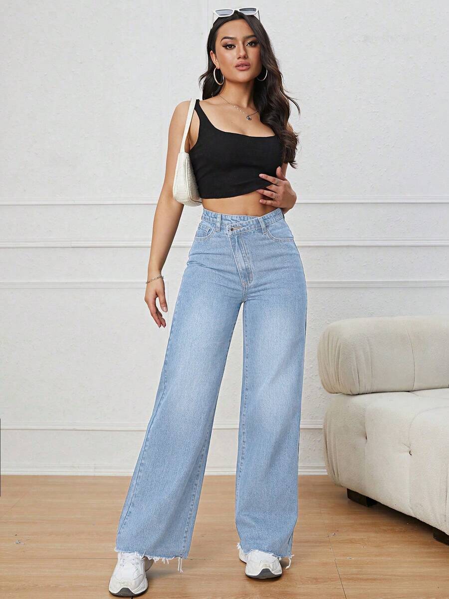 SHEIN PETITE 休闲水洗不对称腰直筒牛仔裤 - 淺色水洗藍 - 查看 1