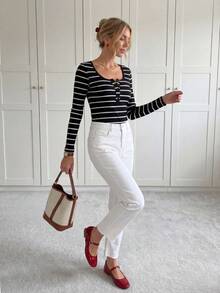 SHEIN LUNE Camiseta con estampado de rayas con botón - Negro - Ver 5