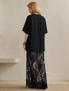 Arave 女士优雅两件套：圆领T恤和蕾丝吊带背心 - 黑色 - 查看 3