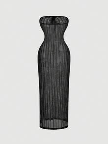 SHEIN MOD Women's Bandeau Tie-Up Casual Slim Fit Stylish Cover-Up, Summer Vacation, Beach Outfit For Women, Holiday Outfits, Vacation Outfits Women, Sexy, Women Crochet Knit Strapless See Through Long Dress With Drawstring Detail Beach Cover Up, Black See Through Dress - Black - View 4