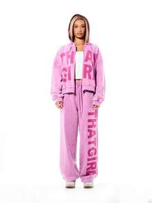 SUMWON WOMEN 女士粉色水洗印花“That Girl”图案全拉链连帽衫，带抽绳和中央口袋，长袖休闲街头风上衣 - 粉色 - 查看 3