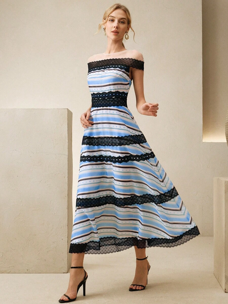 Anewsta Spring/Summer New Navy Retro Polka Dot Contrast Stripe Print Round Neck One-Shoulder Lace Trim Waist A-Line Hem Women Dress - Multicolor - View 1