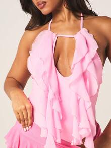 MISSGUIDED Women's Pink Halter Neck Ruffle Detail Backless Bodysuit With Tiered Asymmetrical Hem Party Cocktail Evening Outfit - Pink - View 4
