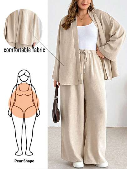 Shapeblank Plus-Size Women's Spring/Summer Fashion Casual Loose Comfortable Everyday Basic Versatile Long-Sleeved Cardigan And Elastic Waist Wide-Leg Pants Apricot Two Pieces Set,Spring Outfits,Work Set,Pant Set,Simple Style Wide Leg Pants Set Beige Two Piece Set Comfortable Two Piece Set