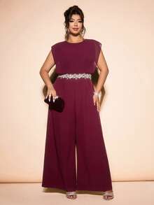 Allurite Plus Size Women Elegant Burgundy Summer Wedding Guest Outfits,Sleeveless Chiffon Patchwork Lace Trim Jumpsuit,Formal Graduation Outfit For Mother - Burgundy - View 6