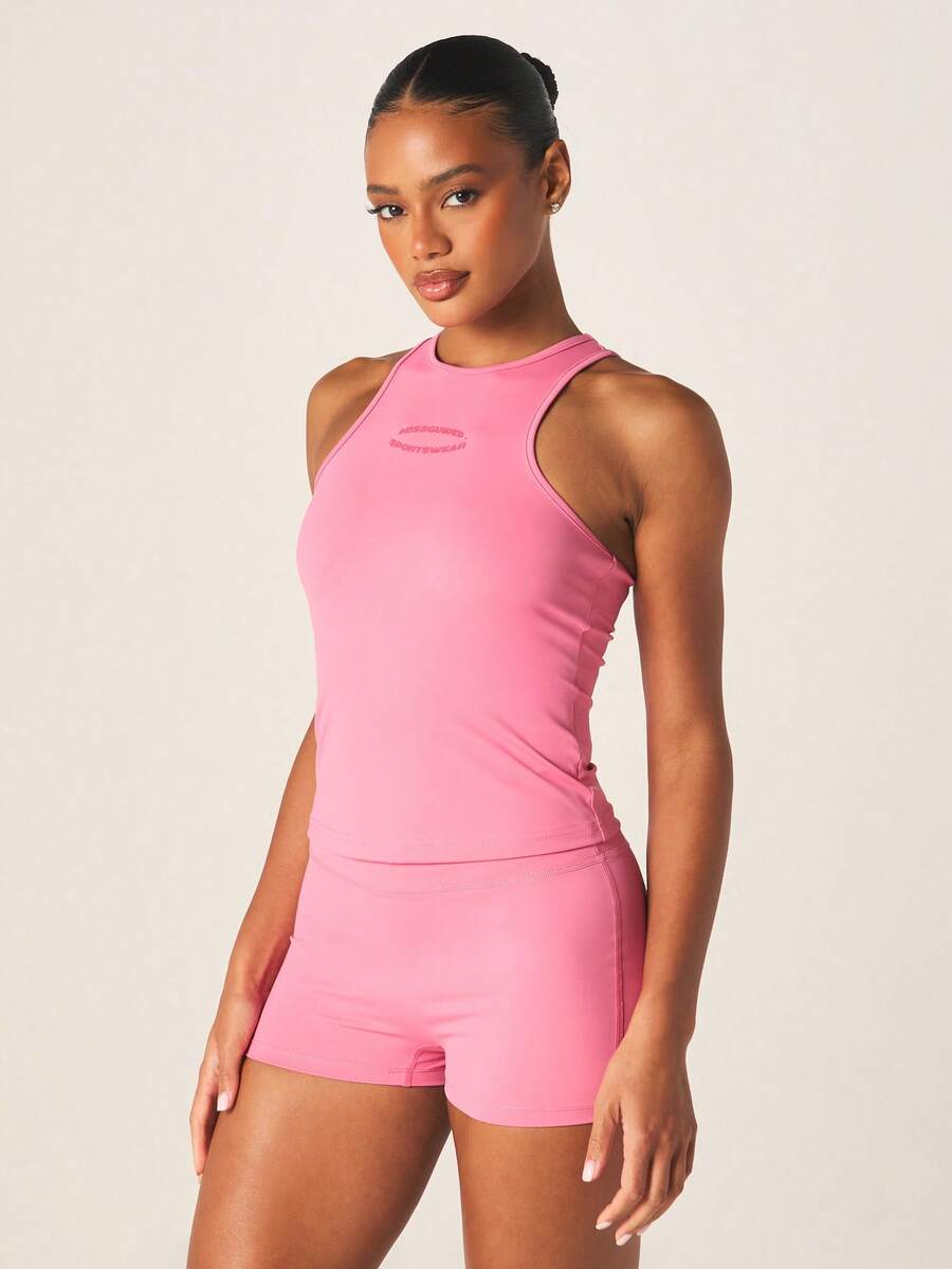 MISSGUIDED Áo tank top nữ màu hồng kiểu racerback, không tay, in logo, thích hợp cho mùa hè, tập luyện thể dục, tập gym, hoạt động thể thao. - Hồng - Xem 1