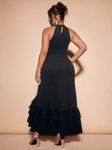 Cravure Plus Size Black Maxi Dress,Halter Neck Cutout Shoulder Mermaid Hem Irregular Ruffle Trim,Elegant Formal Dinner Evening Autumn Sophisticated Date - Black - View 4