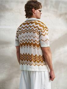Airaco Men's Perforated Jacquard Wavy Pattern Knit Polo Shirt, Short Sleeve, Summer - Camel - View 2