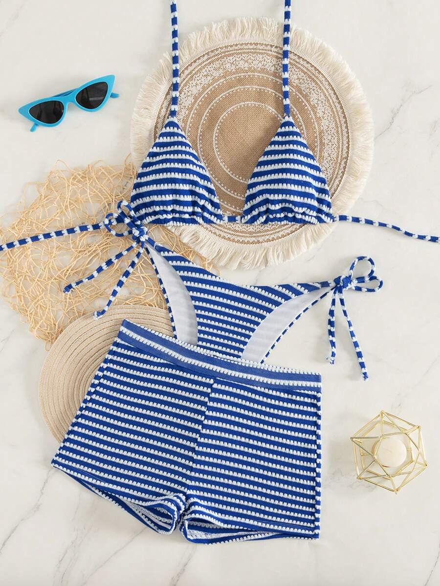 Swim Vcay 3pcs Women's Striped Textured Fabric Vacation Casual Summer Beach Bikini Set And Briefs Striped Bikini Beach Set For Women Summer Bathing Suits - Blue - View 1
