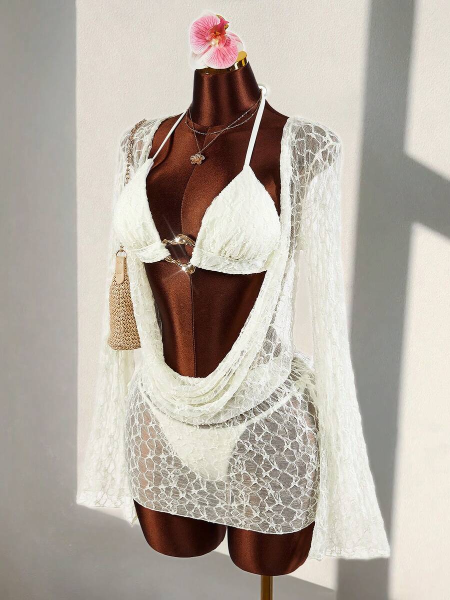 Amplova Bộ bikini hai mảnh gợi cảm dành cho nữ - gồm áo, quần và áo khoác ngoài. - Màu be - Xem 1