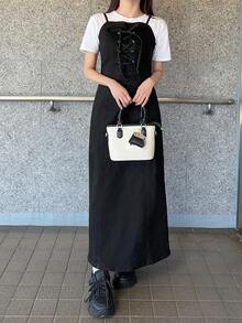 FRIFUL Front Tie Fitted Denim Maxi Dress - Black - View 3