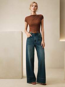 Anewsta 舒适假日高贵优雅奢华精致镂空蕾丝腰果花休闲通勤设计感法式高端褶裥肩部修身透视性感短袖打底衫，春夏款 - 棕色 - 查看 6