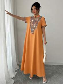 Rafferiza Contrast Color Embroidered Jewel Collar Loose Long Dress For Women - Burnt Orange - View 3