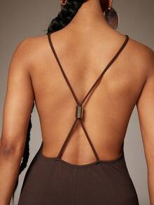Denimoi Open Back Wide Leg Jumpsuit Sexy Jumpsuits X-Back Jumpsuits Vacation Ibiza European Summer - Coffee Brown - View 2