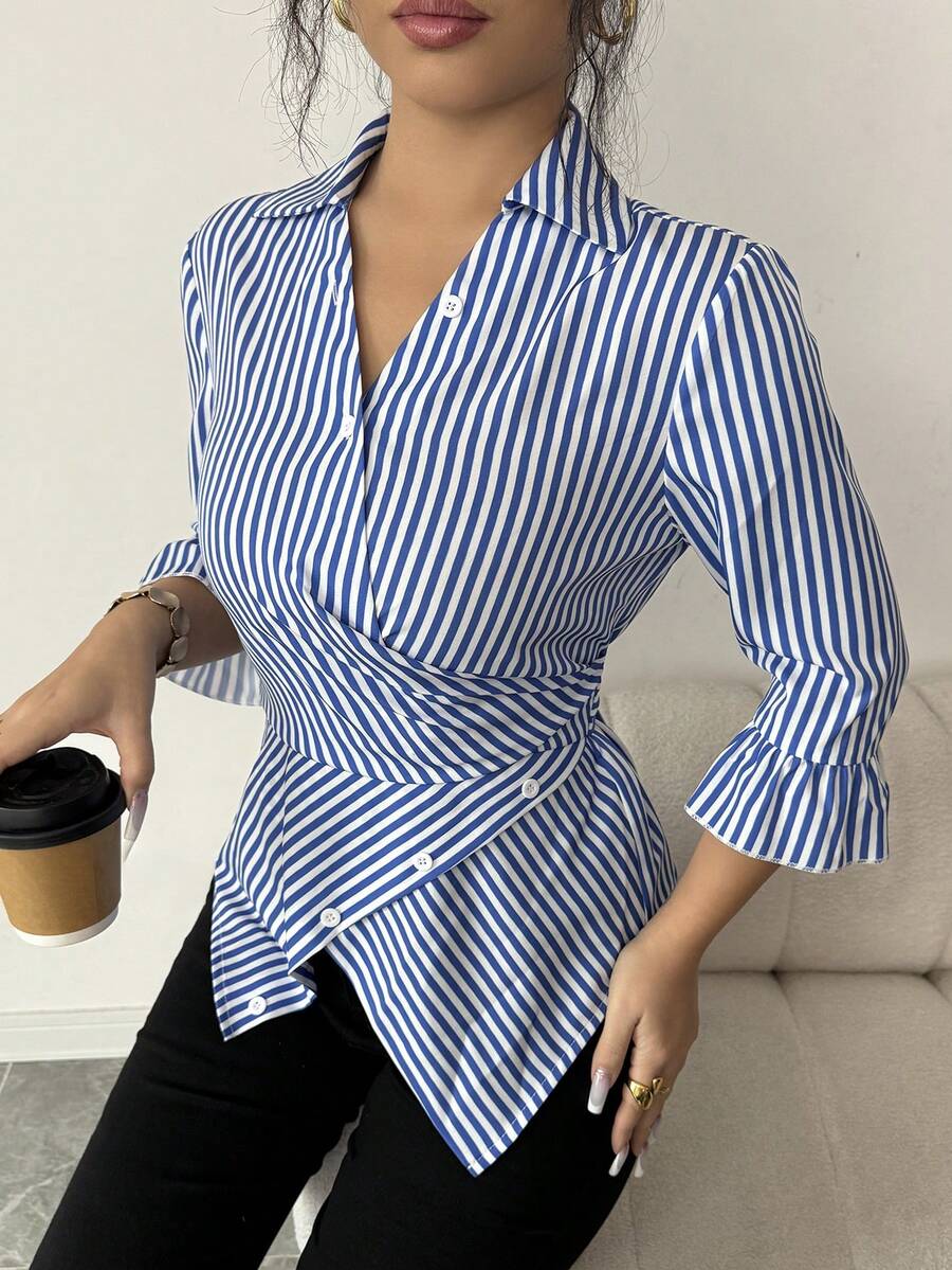Elenzga Women's Elegant Fashion V-Neck Waist Cinched Mid-Sleeve Asymmetrical Design Daily Commute Date Minimalist Versatile Top, Blue Striped Blouse - Blue - View 1